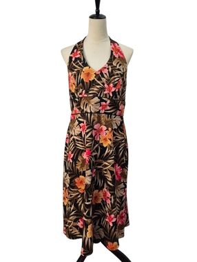 VTG AB Studio Tropical Hawaiian Print Halter Midi A Line Dress Sz 12 Resort